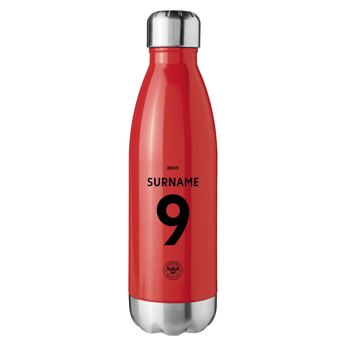 Personalised Brentford FC Back of Shirt Red Insulated Water Bottle