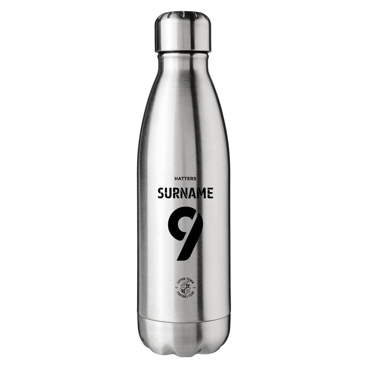 Personalised Luton Town FC Back of Shirt Silver Insulated Water Bottle