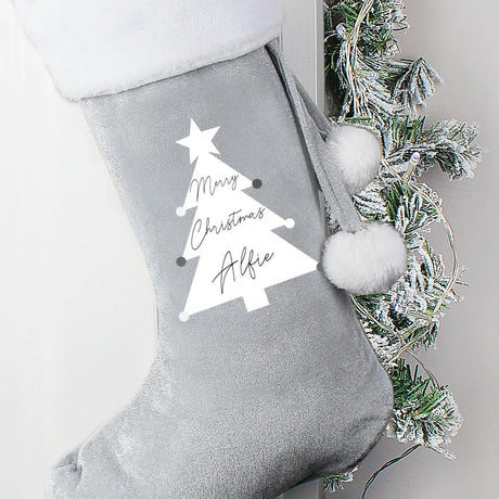 Personalised Christmas Tree Luxury Silver Grey Stocking - Gift Moments