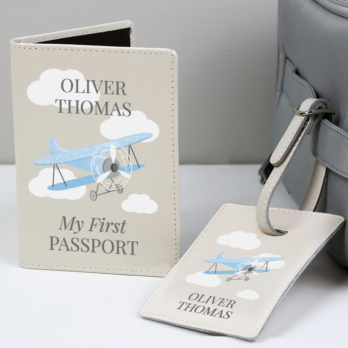 Personalised Blue Plane Passport Holder & Luggage Tag Set - Shop Passport Holders At Gift Moments - 1