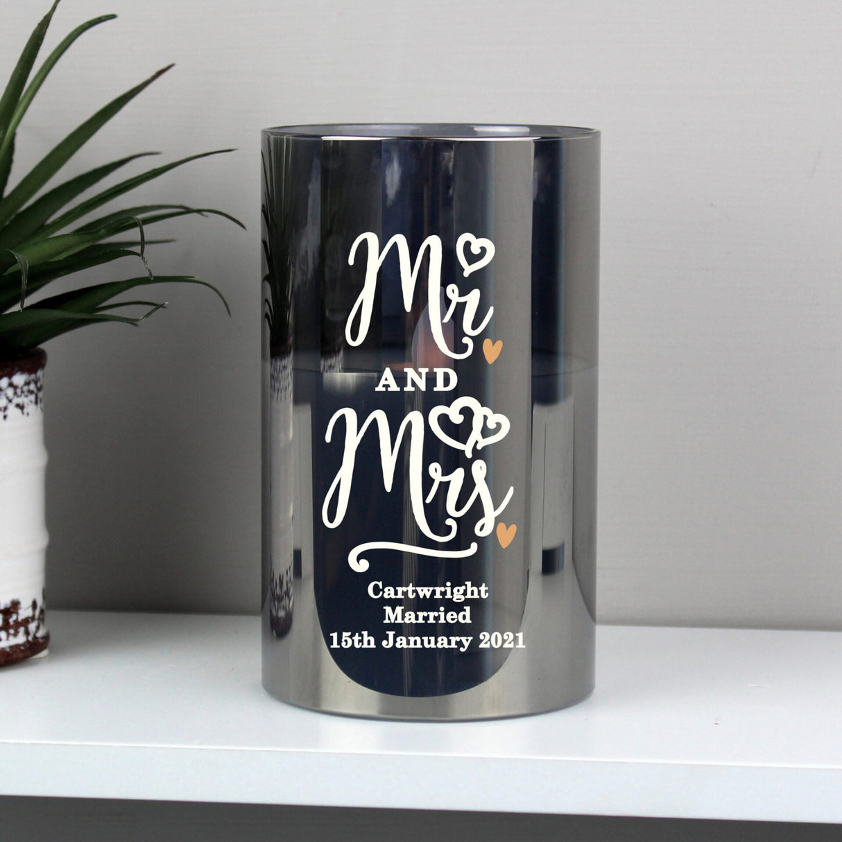 Personalised Mr & Mrs Smoked Glass LED Candle: 1 - LED Lighting By Gift Moments