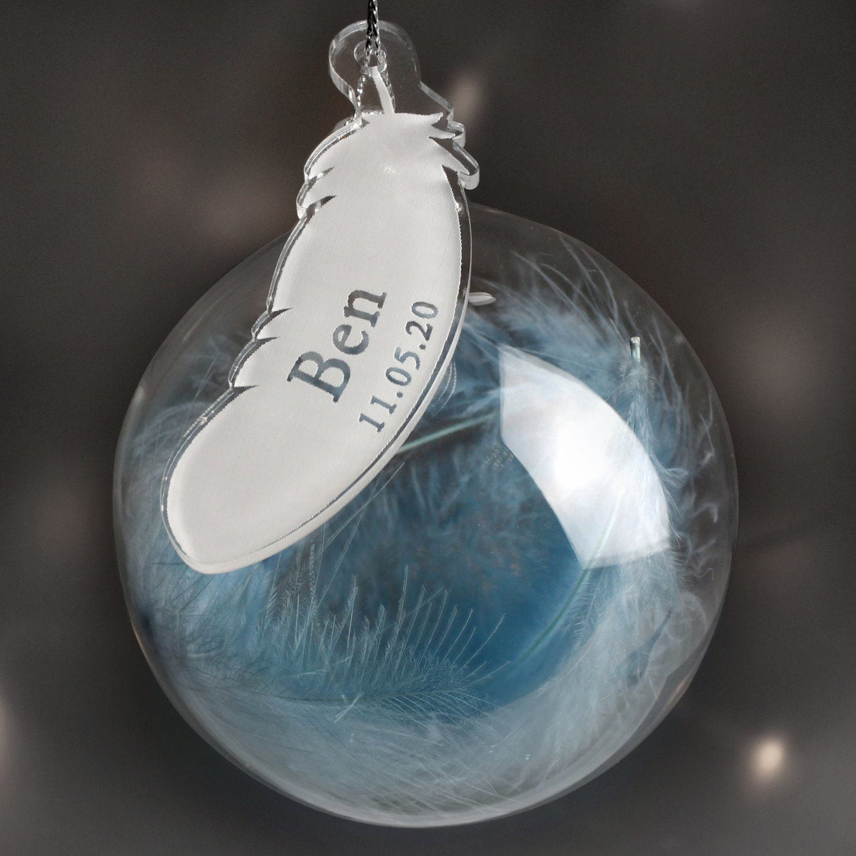 Personalised Name & Date Blue Feather Glass Bauble: 1 - Christmas Baubles By Gift Moments