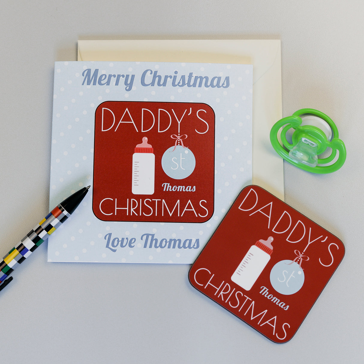 Personalised Daddy's 1st Christmas Coaster Card