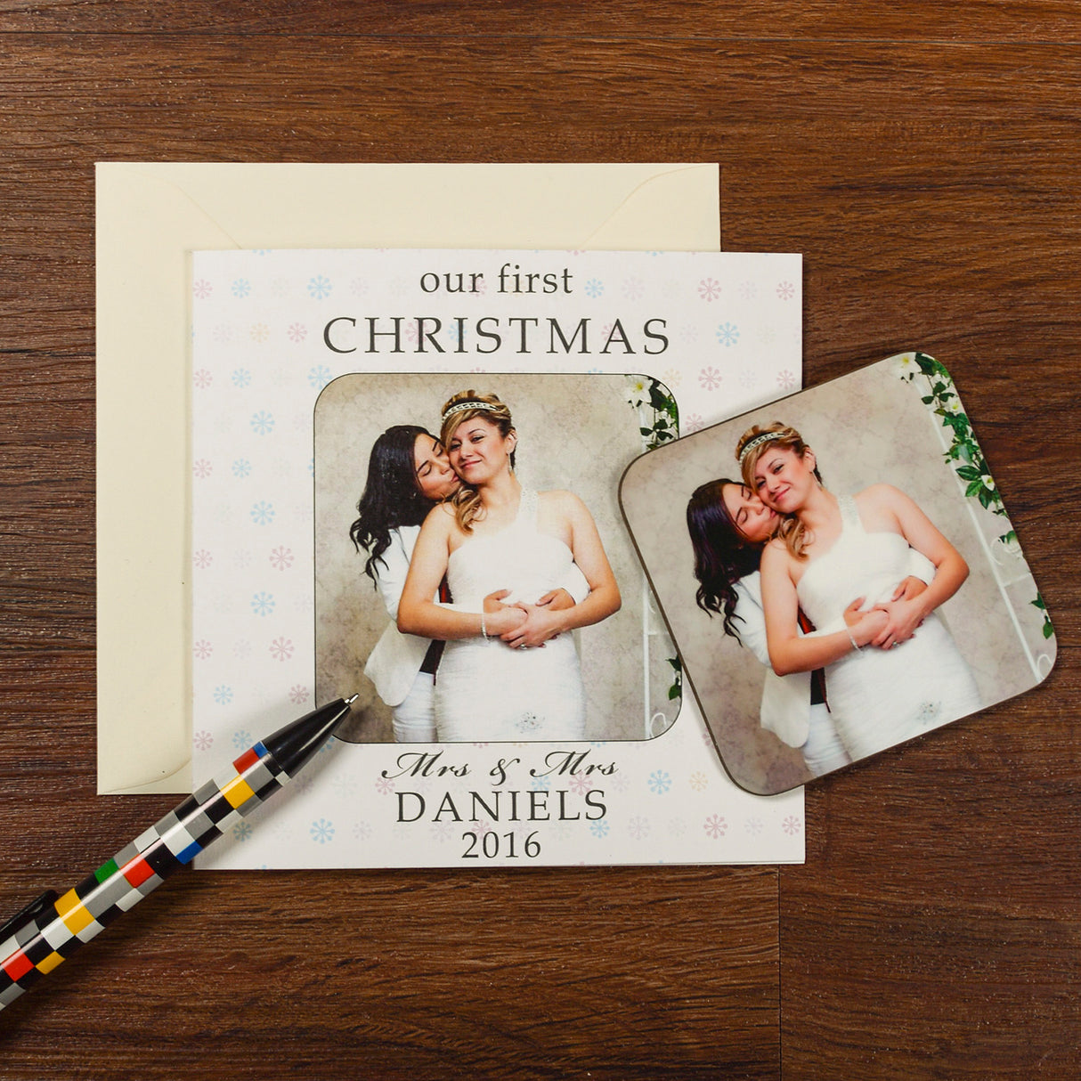 Personalised First Christmas Couples Photo Coaster Card