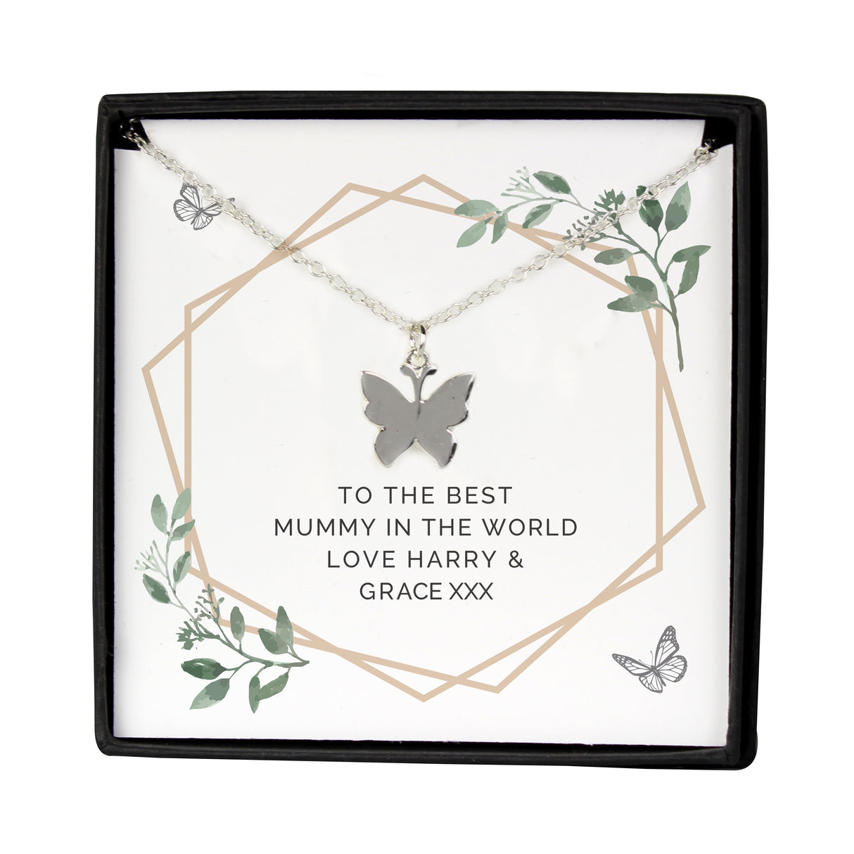 Personalised Botanical Sentiment Butterfly  Necklace and Box