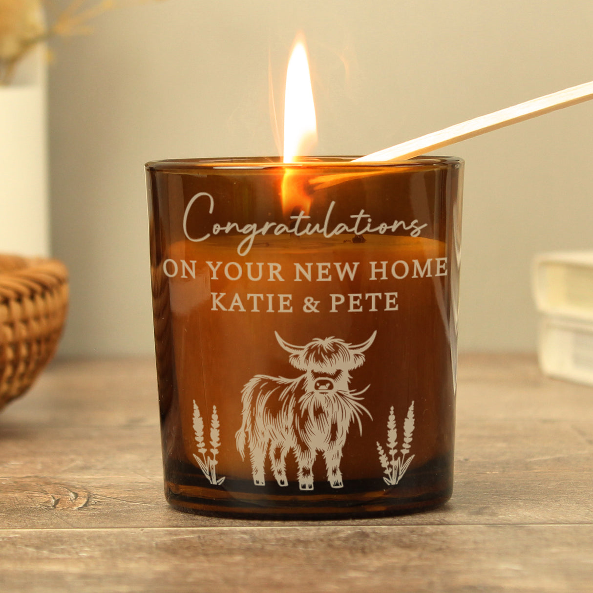 Personalised Engraved Highland Cow Amber Glass Candle - Shop At Gift Moments - 2