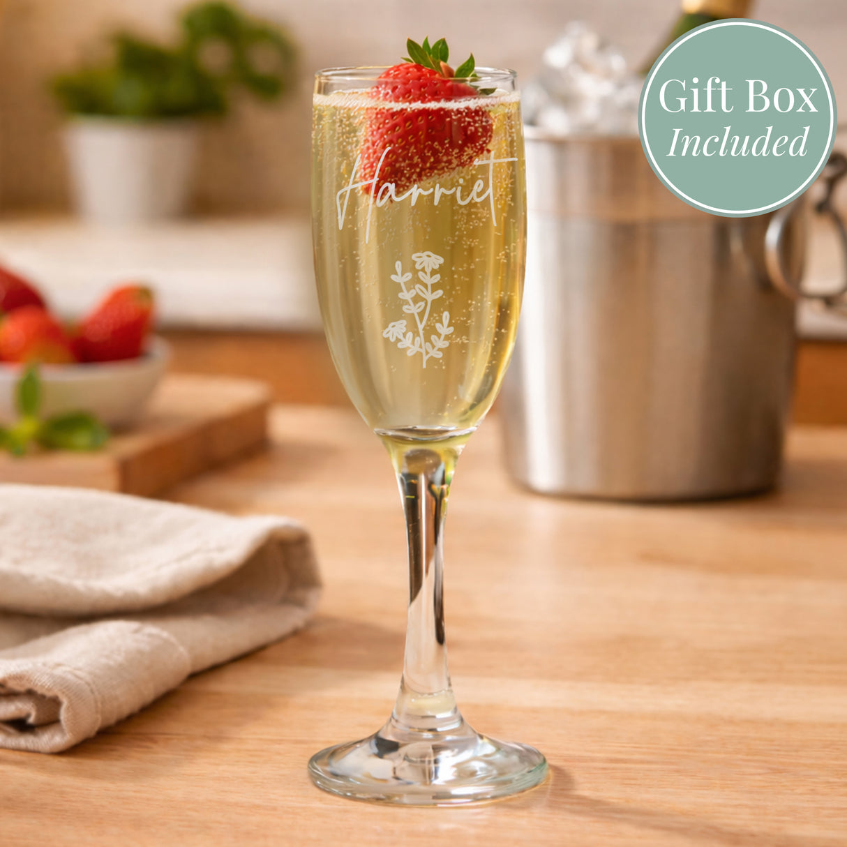 Personalised Flower Motif Flute Glass