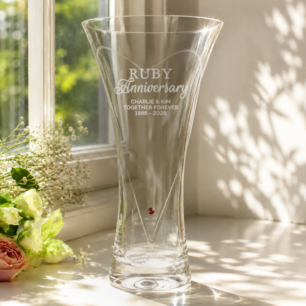 Personalised Ruby Anniversary Diamond Effect Heart Vase