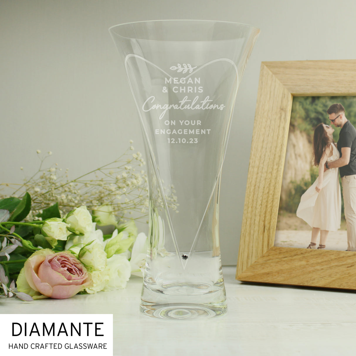 Personalised Free Text Botanical Hand Cut Diamante Heart Vase