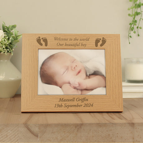 Personalised Baby Feet 5x7 Landscape Oak Finish Photo Frame