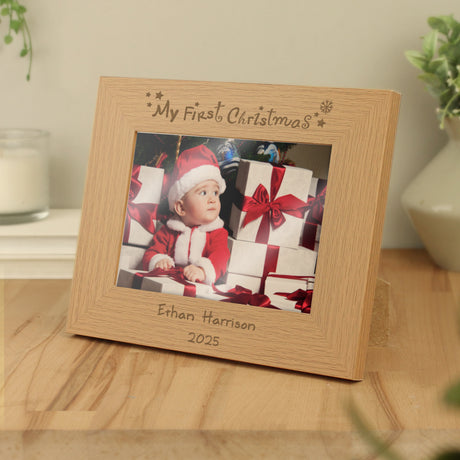 Personalised My First Christmas 5x7 Landscape Wooden Photo Frame