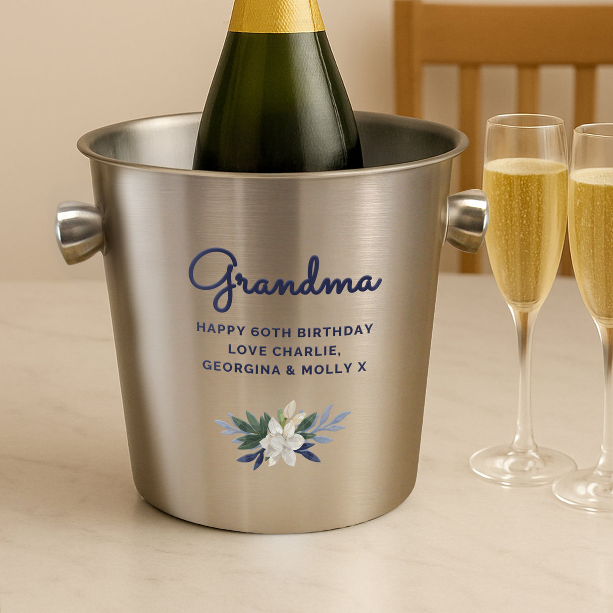 Personalised Blue Floral Stainless Steel Ice Bucket - Shop At Gift Moments - 2