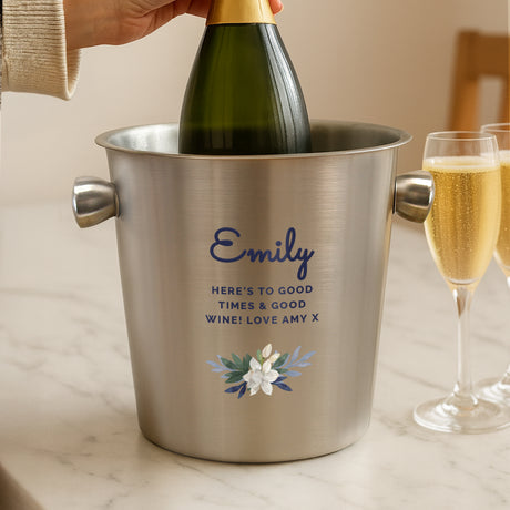 Personalised Blue Floral Stainless Steel Ice Bucket - Shop At Gift Moments - 4