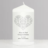 Personalised Silver Damask Heart Pillar Candle