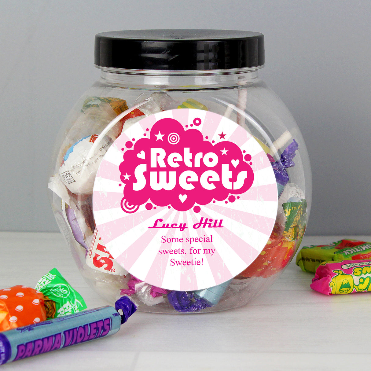 Personalised Retro Pink Sweet Jar - Shop Sweets At Gift Moments - 1