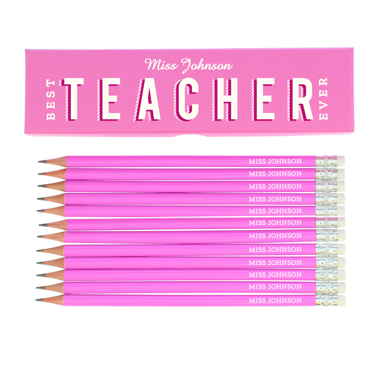 Personalised Best Teacher Ever Box and 12 Pink HB Pencils