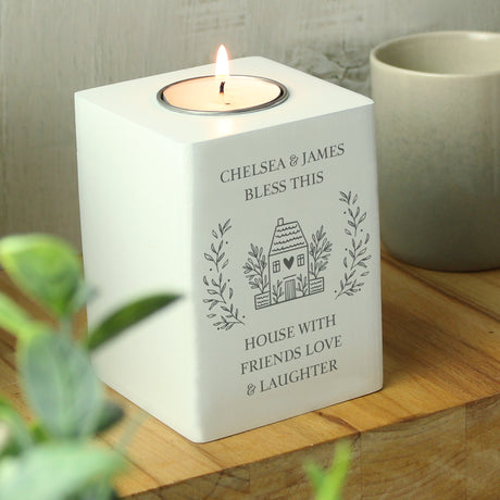 Personalised HOME Wooden Tealight Holder