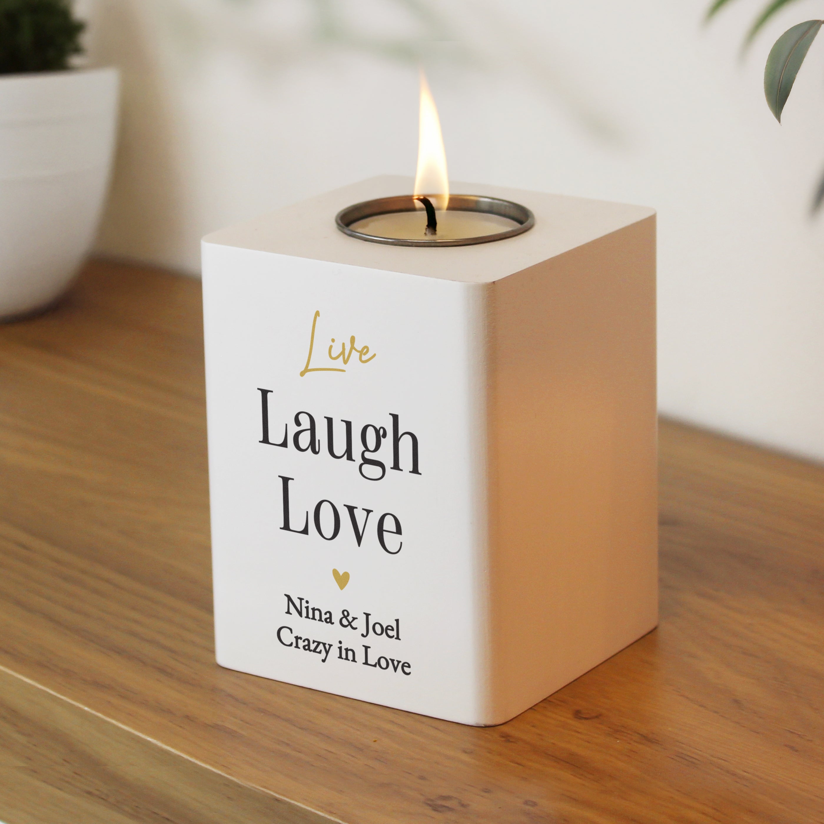 Personalised Black & Gold Free Text White Wooden Tealight - Shop Candle Holders At Gift Moments - 2