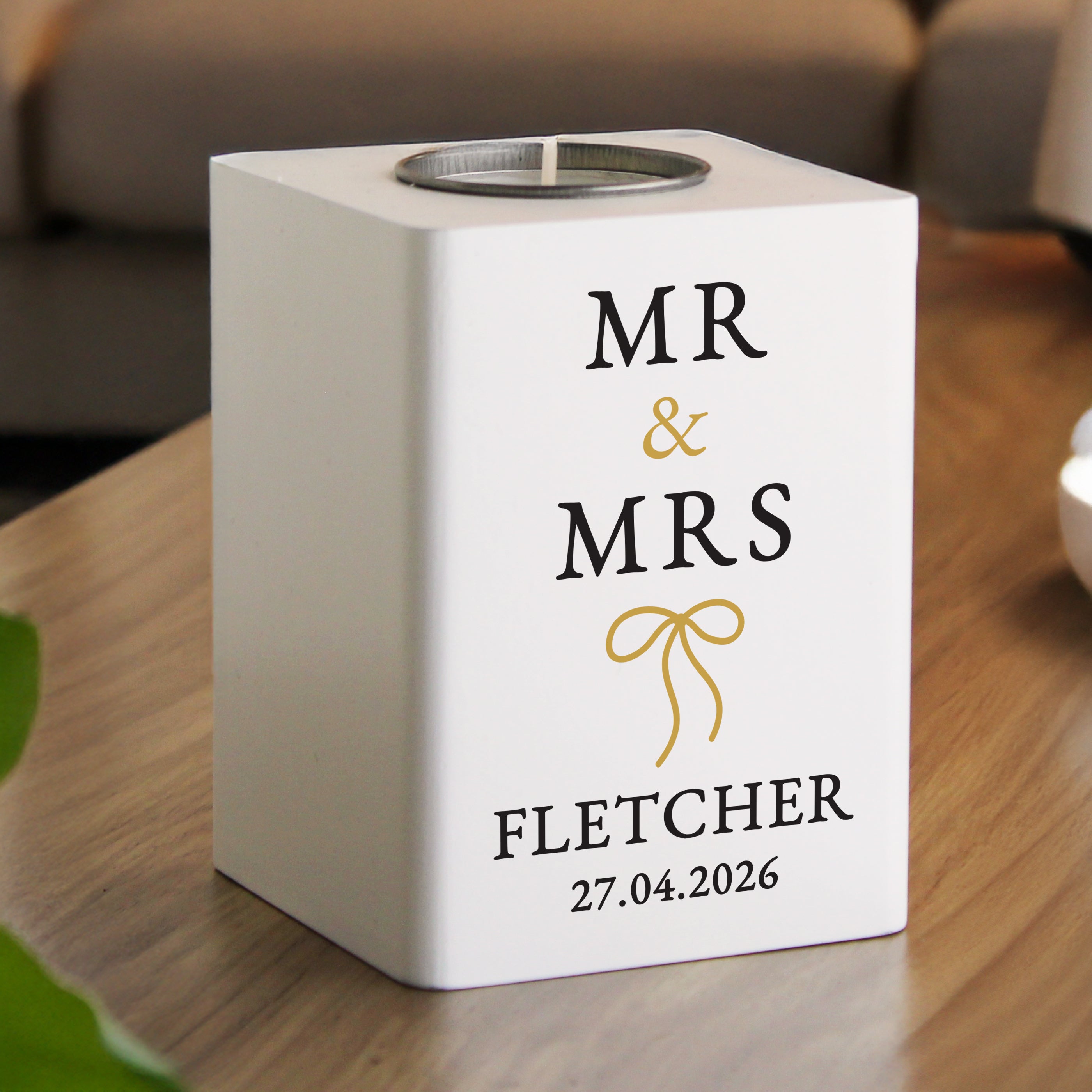 Personalised Black & Gold White Wooden Tealight - Shop Candle Holders At Gift Moments - 1