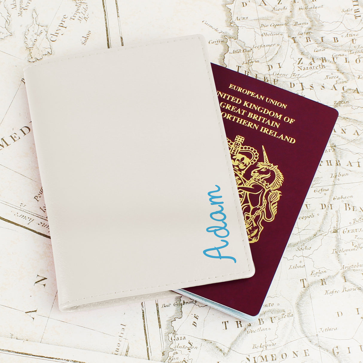Personalised Blue Name Cream Passport Holder