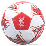 Red and white soccer ball with Liverpool FC logo on a white background