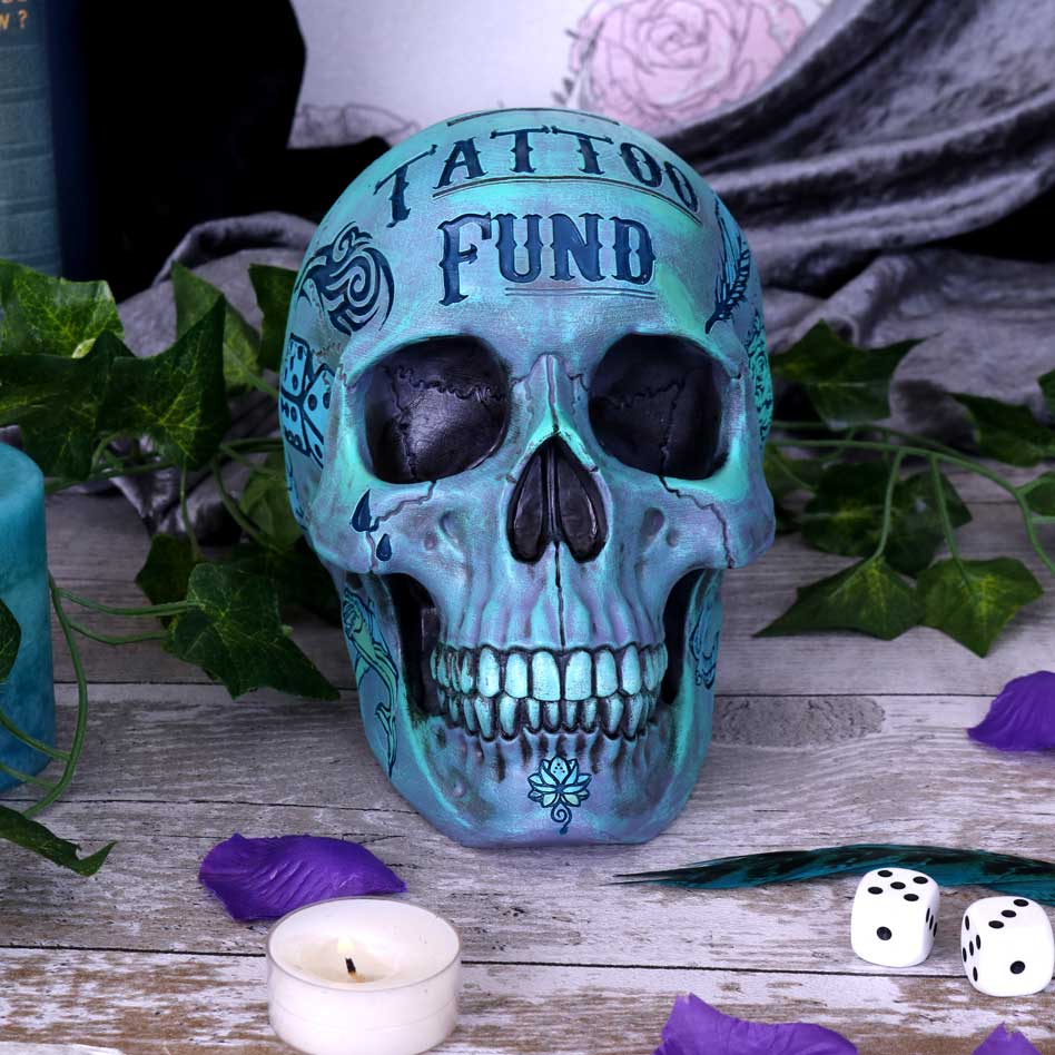 Aqua Blue Traditional Tribal Tattoo Fund Skull: 1 - Money Boxes By NN Designs
