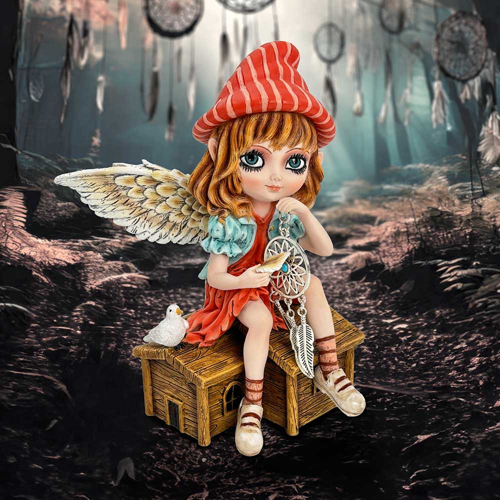 Autumn Fae Fairy Figurine with Dream Catcher and Bird: 1 - Figurines Medium (15-29cm) By NN Designs
