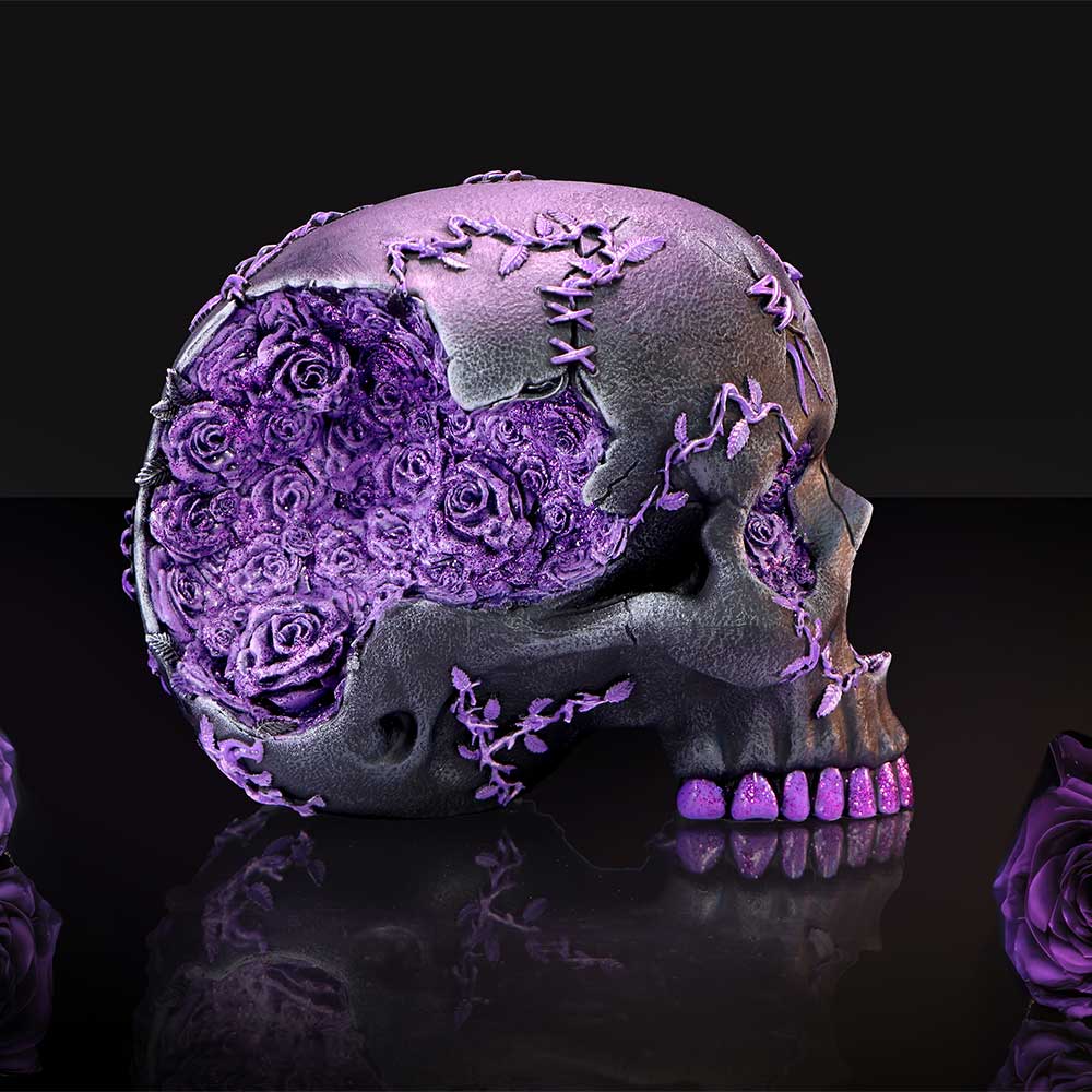 Rose Geode Skull Black and Purple Gothic Skull Figurine
