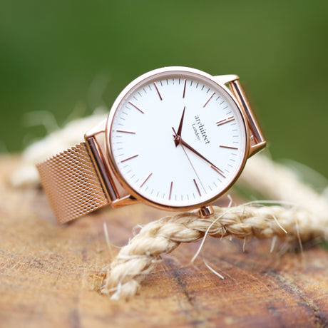 Bespoke Ladies Architēct Blanc Watch Rose Gold Mesh: 2 - Watches By Architect Watches
