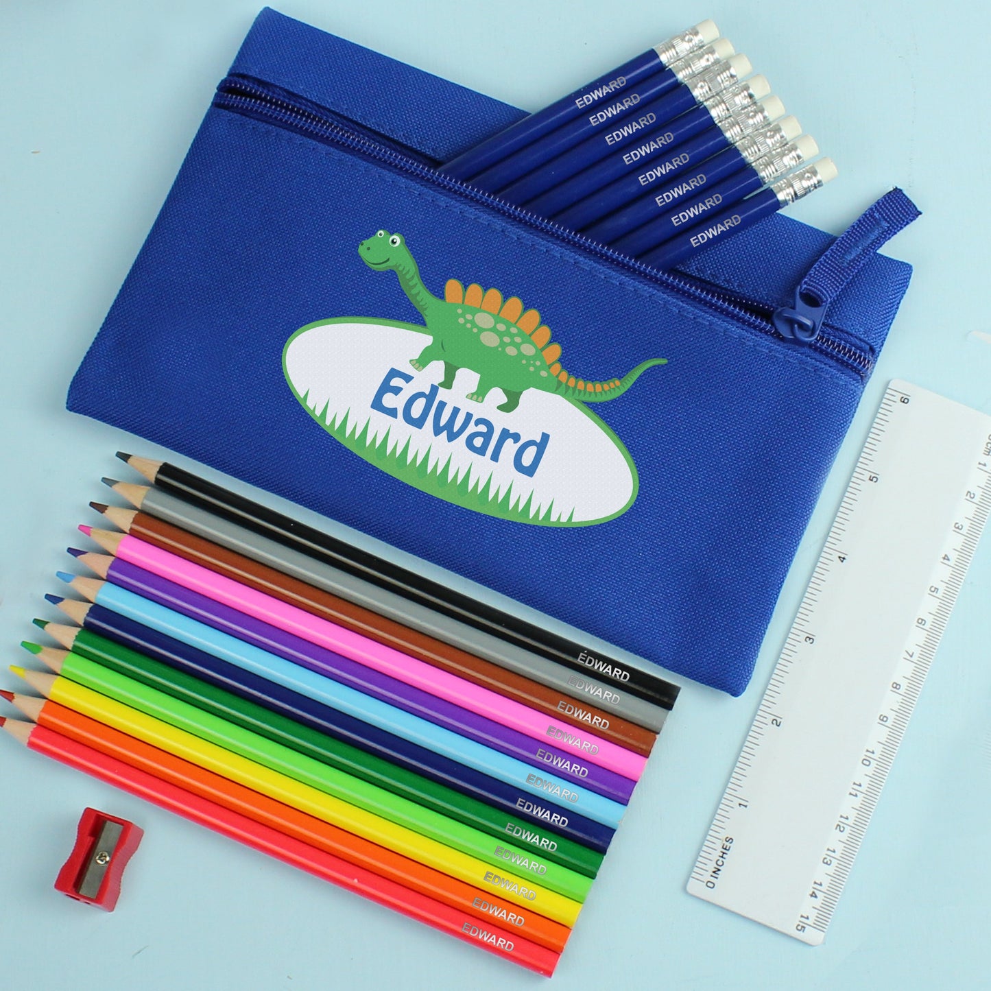 Blue Dinosaur Pencil Case with Personalised Pencils & Crayons: 1 - Pencil Cases & Sets By Gift Moments