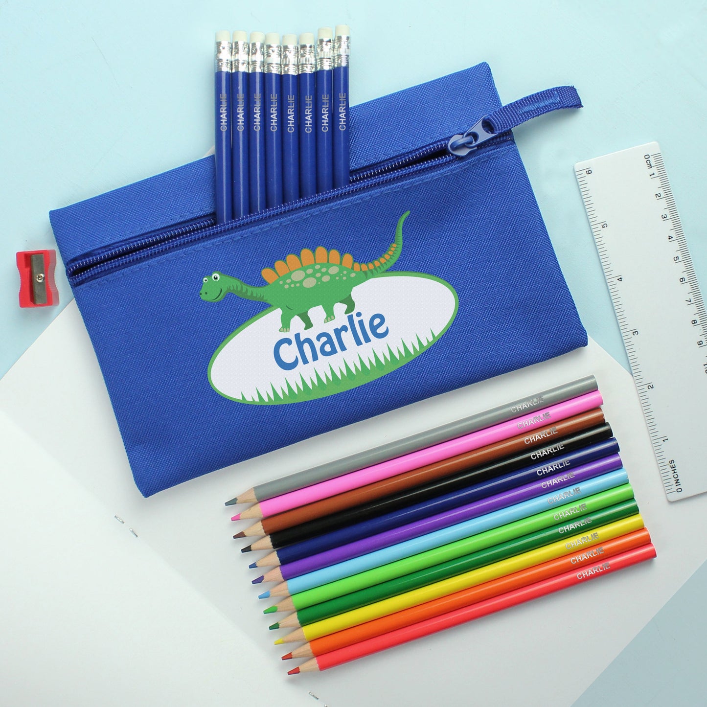 Blue Dinosaur Pencil Case with Personalised Pencils & Crayons: 2 - Pencil Cases & Sets By Gift Moments