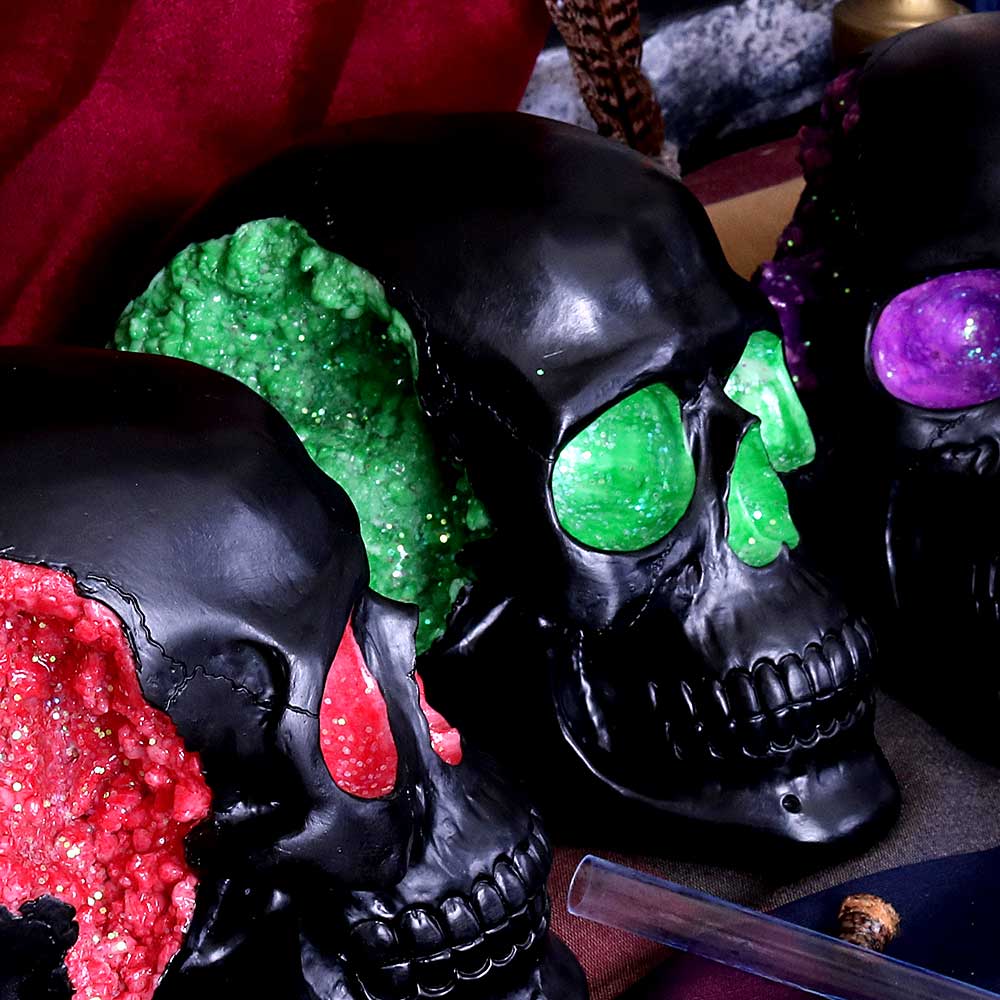 Geode Skull Black Green Gothic Glitter Skull Figurine: 1 - Figures & Collectables By NN Designs