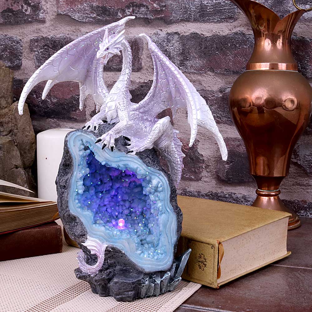 Glacial Custodian Fantasy White Dragon Sitting On A Geode 22cm: 1 - Figures & Collectables By Gift Moments