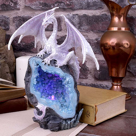 Glacial Custodian Fantasy White Dragon Sitting On A Geode 22cm: 1 - Figures & Collectables By Gift Moments