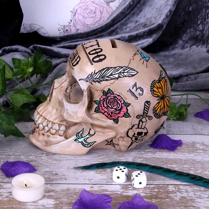 Natural Bone Coloured Traditional Tribal Tattoo Fund Skull: 1 - Money Boxes By NN Designs
