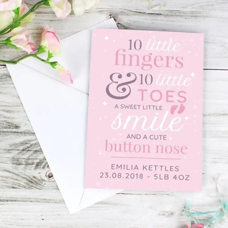 Personalised ’10 Little Fingers’ Pink Baby Card: 4 - Greeting Cards By Gift Moments