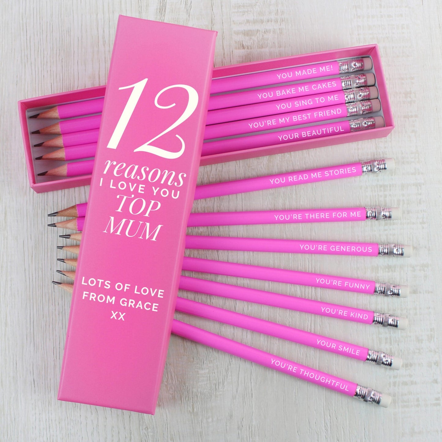 Personalised 12 Reasons Box and 12 Pink HB Pencils: 1 - Pens & Pencils By Gift Moments