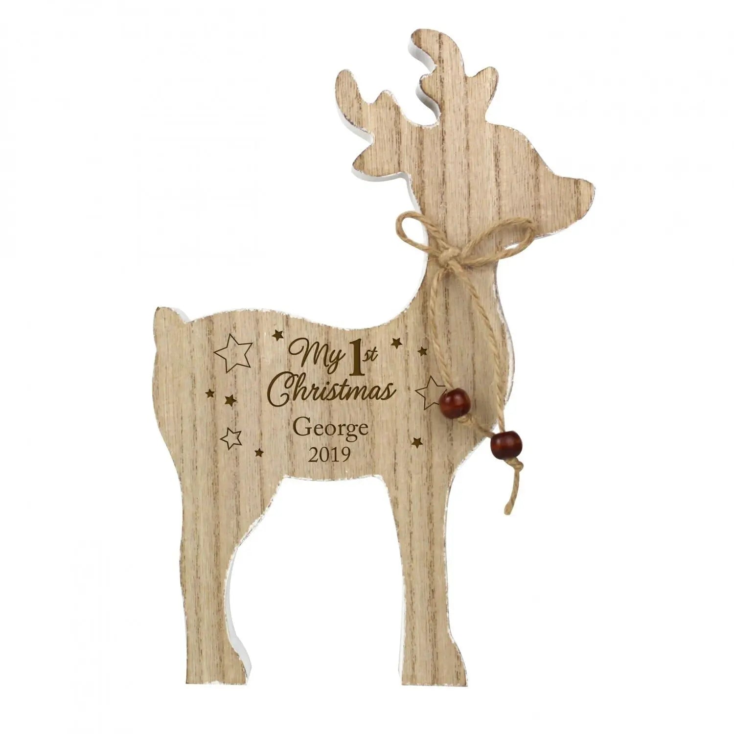 Personalised ’1st Christmas’ Rustic Wooden Reindeer Decoration: 3 - Christmas Decorations By Gift Moments