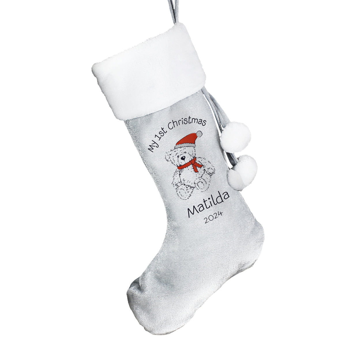 Personalised My 1st Christmas Teddy Silver Grey Stocking: 3 - Christmas Stockings By Gift Moments