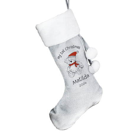 Personalised My 1st Christmas Teddy Silver Grey Stocking: 3 - Christmas Stockings By Gift Moments