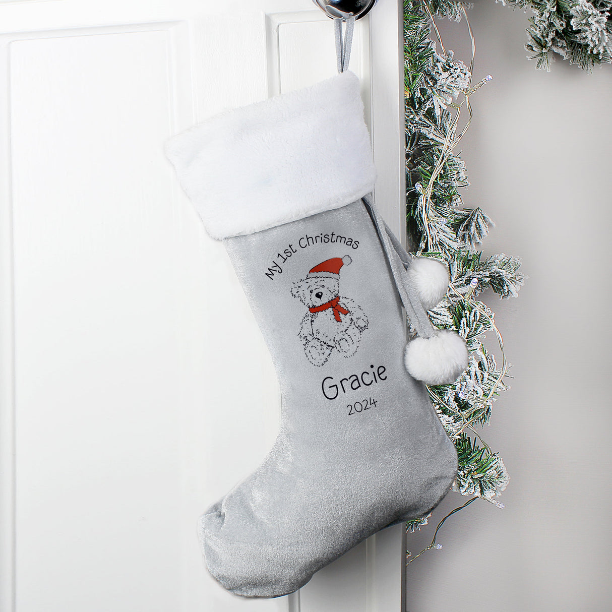 Personalised My 1st Christmas Teddy Silver Grey Stocking: 2 - Christmas Stockings By Gift Moments