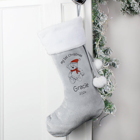 Personalised My 1st Christmas Teddy Silver Grey Stocking: 2 - Christmas Stockings By Gift Moments