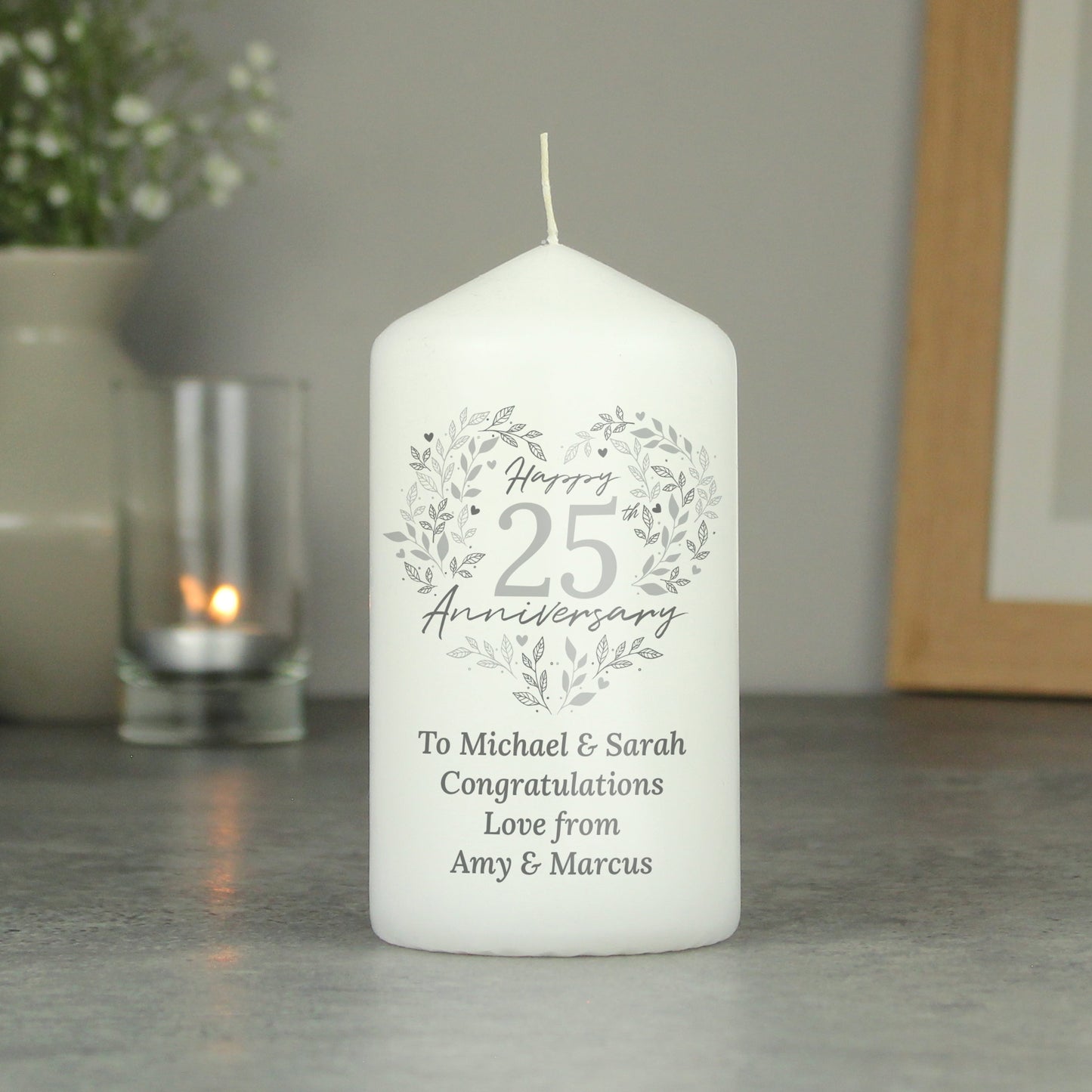 Personalised 25th Silver Wedding Anniversary Pillar Candle: 1 - Candles By Gift Moments