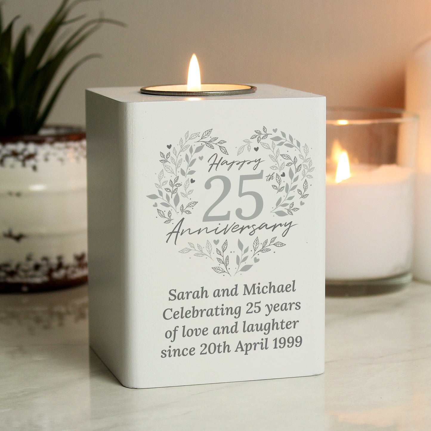 Personalised 25th Silver Wedding Anniversary Tea Light Holder: 1 - Candle Holders By Gift Moments