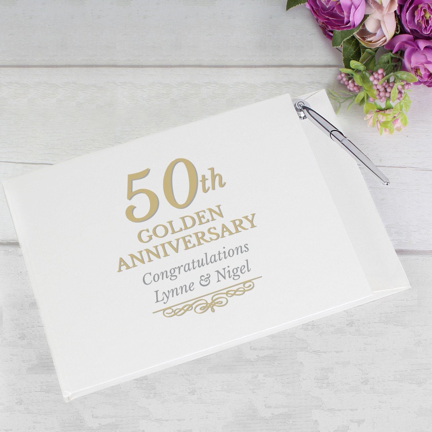 Personalised 50th Golden Anniversary Hardback Guest Book & Pen: 1 - Guest Books By Gift Moments