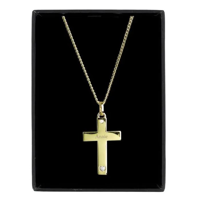 Personalised 9ct Gold Cross with Sterling Silver Heart & CZ Necklace: 4 - Necklaces By Gift Moments