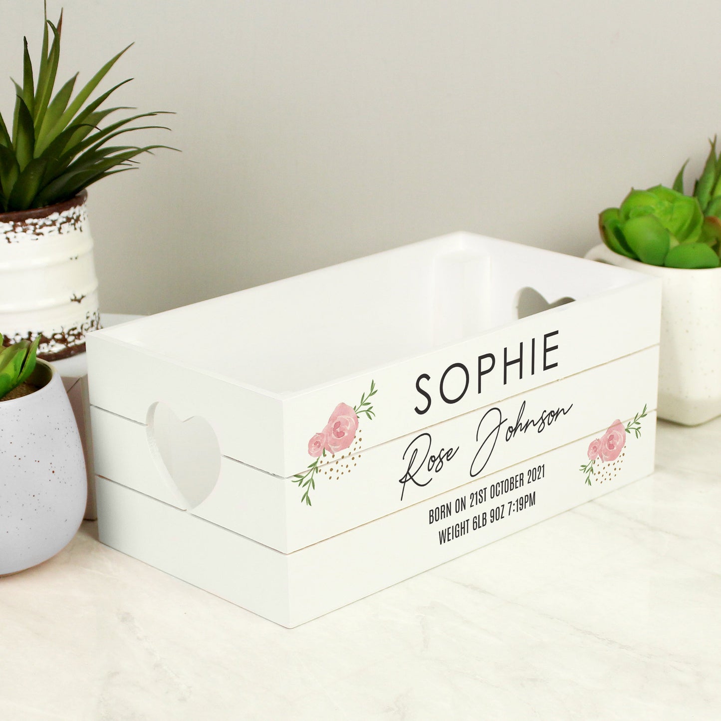 Personalised Abstract Rose White Wooden Crate: 6 - Storage By Gift Moments