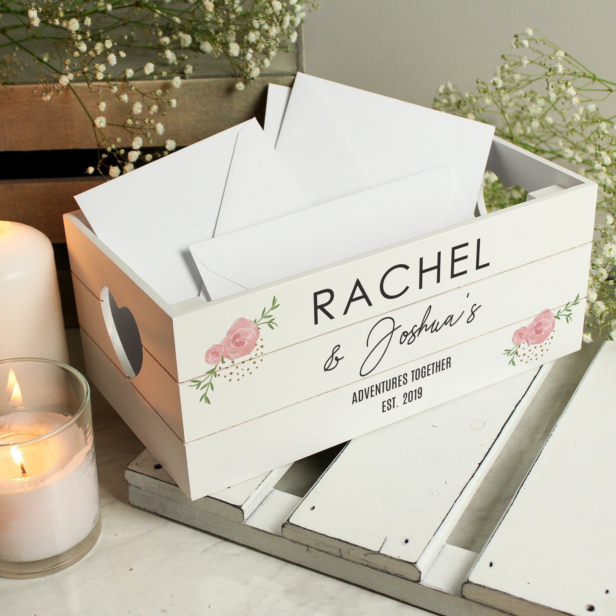 Personalised Abstract Rose White Wooden Crate: 4 - Storage By Gift Moments