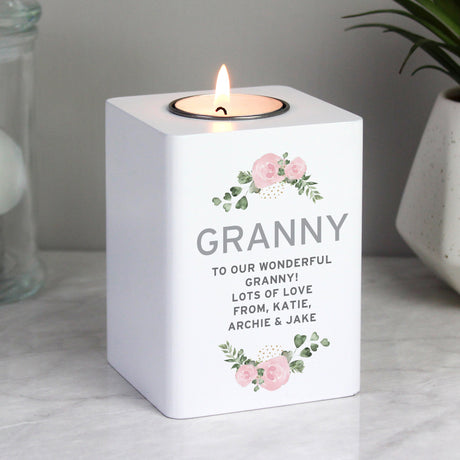 Personalised Abstract Rose White Wooden Tea light Holder: 2 - Candle Holders By Gift Moments
