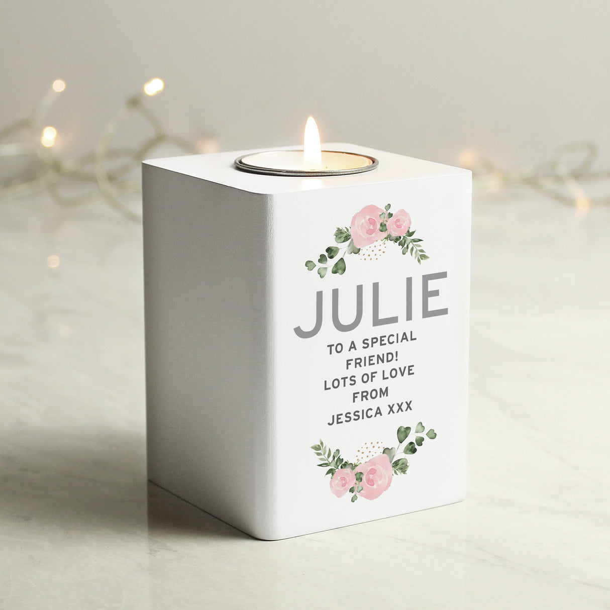 Personalised Abstract Rose White Wooden Tea light Holder: 3 - Candle Holders By Gift Moments